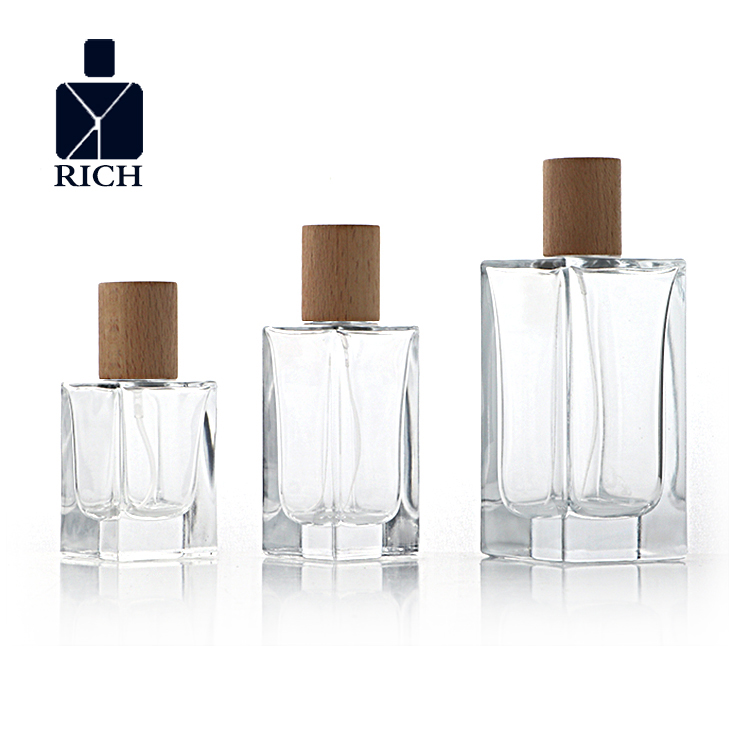 30ml 50ml 100ml Beech Wooden Cap Rectangle Glass Perfume Bottle